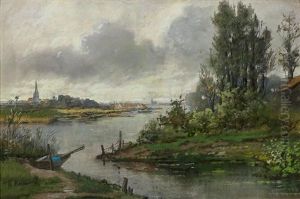 Flusslandschaft Mit Kirchdorf Im Hintergrund