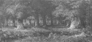 Sonnenbeschienener Waldsee Mit Rehen by Heinrich Koch
