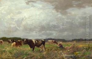 Weidevieh Mit Hirtin Auf Dem Feld Unter Bewolktem Sommerhimmel Weidevieh Mit Hirtin Auf Dem Feld Unter Bewolktem Sommerhimmel
