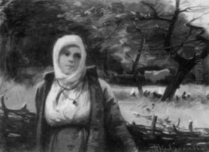 Junge Bauerin An Einen Zaun Gelehnt by Roman Kochanowski