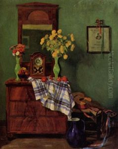 Interieur Mit Biedermeierspiegel Und Gitarre by Reinhold Koch-Leuthen