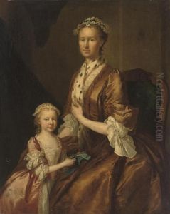 Portrait Of A Mother And Daughter, Three-quarter-length, The Former Seated, In A Brown Dress And Ermine Shawl, The Latter In A Pink Dress, Scissors And A Ribbon In Her Right Hand by George Beare