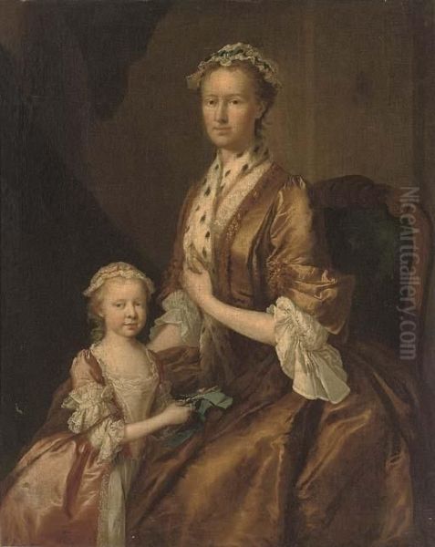 Portrait Of A Mother And Her Daughter, Three-quarter-length, The Former Seated, In A Brown Dress And Ermine Shawl, The Latter In A Pink Dress, Holding Scissors And A Ribbon - view 1