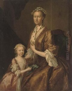 Portrait Of A Mother And Her Daughter, Three-quarter-length, The Former Seated, In A Brown Dress And Ermine Shawl, The Latter In A Pink Dress, Holding Scissors And A Ribbon Portrait Of A Mother And Her Daughter, Three-quarter-length, The Former Seated, In A Brown Dress And Ermine Shawl, The Latter In A Pink Dress, Holding Scissors And A Ribbon