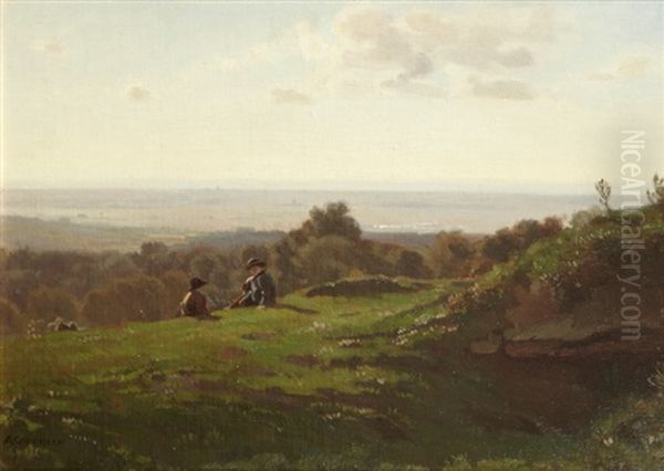 Enfants Sur La Colline, La Mer En Fond - view 1