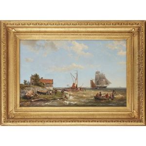 Figures And Fishing Boats On The Dutch Coast by Hermanus Koekkoek the Elder