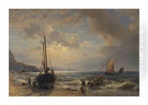 Activities Along The Coast At Sunset by Hermanus Koekkoek the Elder