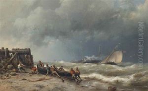 Hauling In The Vessel, A Steamer Beyond by Hermanus Koekkoek the Elder