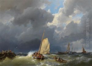 Fishing Boats In Stormy Seas by Hermanus Koekkoek the Elder
