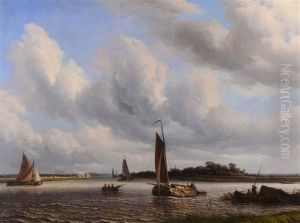 Fishermen In A Boat And Further Shipping In Calm Waters With Church In The Distance by Hermanus Koekkoek the Elder