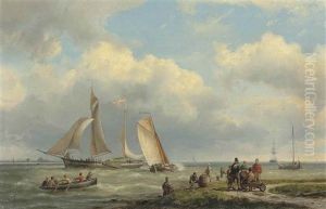 A Coastal Landscape With A Danish Coastal Barge And Figures On The Shore by Hermanus Koekkoek the Elder