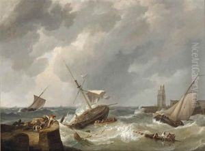A Two Master At Risk Near The Harbour Entrance by Hermanus Koekkoek the Elder