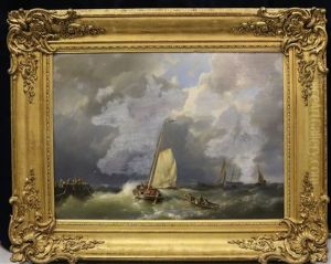 Vissersboten Op Woelig Water Bij Een Havenhoofd Vissersboten Op Woelig Water Bij Een Havenhoofd