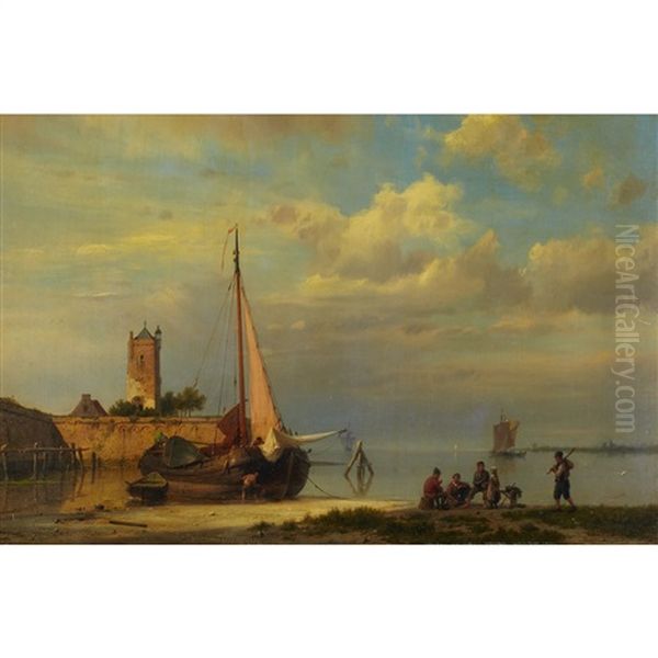 Canal With Distant Shipping And Barge With Fishermen Gathered On The Bank - view 1