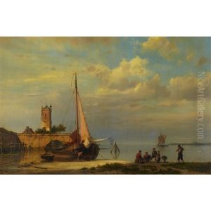 Canal With Distant Shipping And Barge With Fishermen Gathered On The Bank by Hermanus Koekkoek the Elder