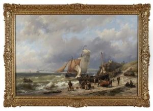 A Busy Coastal Scene With Fishing Boats And Figures On The Beach by Hermanus Koekkoek the Elder