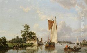 Dutch River Scene With A Sailing Barge, Fishermen And Figures Gathered On The Bank