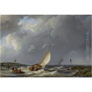 A Fishing Vessel Heading Into Open Waters, A Two-mast In The Distance by Hermanus Koekkoek the Elder