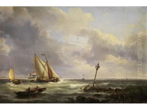 Segelschiffe Auf Bewegten Wogen Am Ufer by Hermanus Koekkoek the Elder