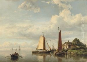 Sailing Vessels Moored Near A Farm by Hermanus Koekkoek the Elder
