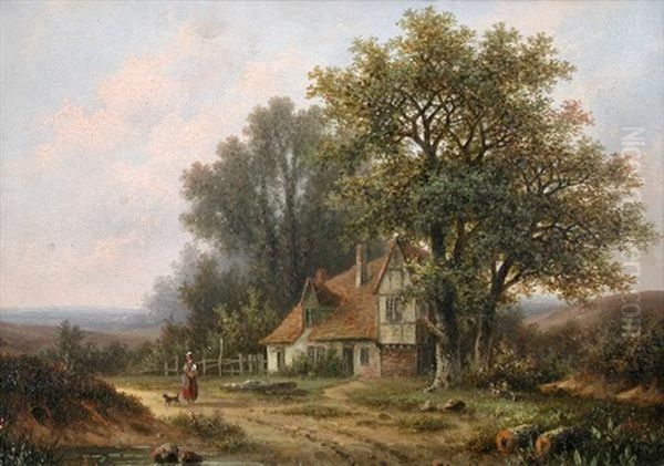 A Walker And A Dog By A Cottage In A Landscape - view 1