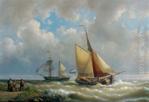 Sailing Along A Coast, A Two-master In The Distance by Hermanus Koekkoek the Elder