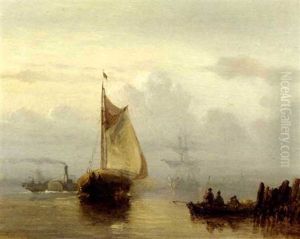 Steamship "de Schelde" Passing A Haybarge On A Misty Morning by Hermanus Koekkoek the Elder