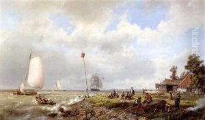 A Coastal Scene With Figures Repairing A Boat A Coastal Scene With Figures Repairing A Boat