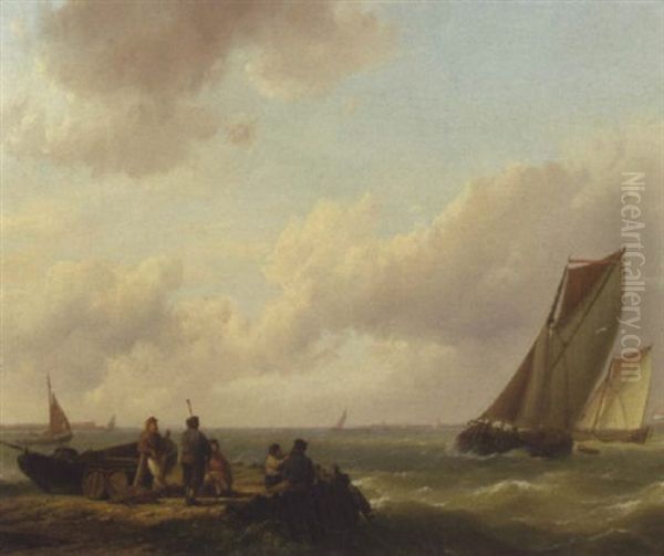 Fishermen On A Jetty With Sailing Vessels Approaching - view 1