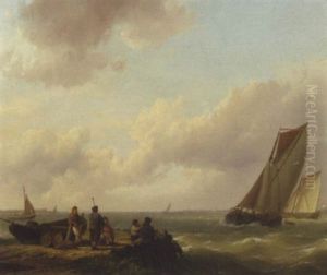 Fishermen On A Jetty With Sailing Vessels Approaching