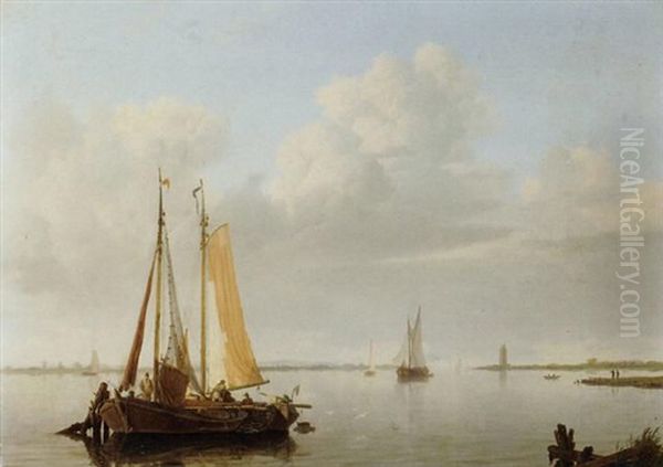 A Calm: Fishing Vessels At Anchor In A River Estuary - view 1