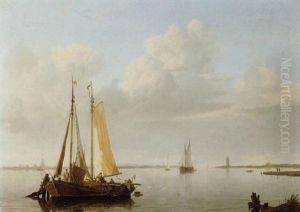 A Calm: Fishing Vessels At Anchor In A River Estuary by Hermanus Koekkoek the Elder