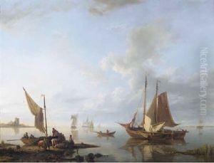 A Calm: Moored Sailing Vessels In An Estuary With Merchants Unloading Good In The Foreground by Hermanus Koekkoek the Elder