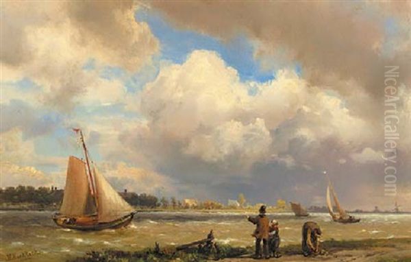 Figures On A Riverbank Watching Sailingboats - view 1