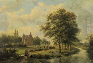 Summer: A Peasant Girl On A Path By A Stream With Children Playing, A Castle Beyond by Hermanus Koekkoek the Elder