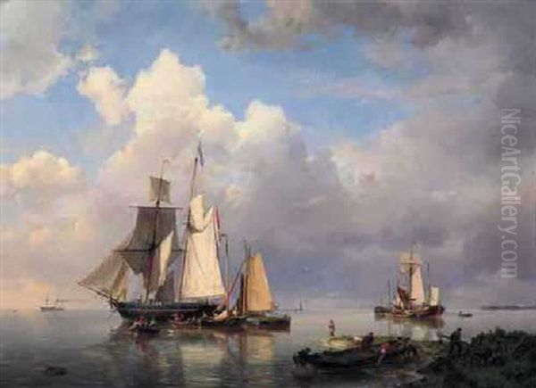 Vessels At Anchor In An Estuary With Fishermen Hauling Up Their Rowing Boat In The Foreground - view 1