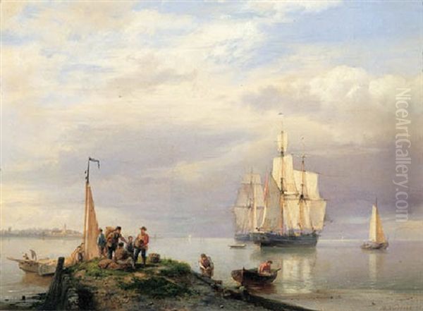 A Calm - A River Estuary With Two Masters At Anchor, Fisherman On A Jetty In The Foreground - view 1