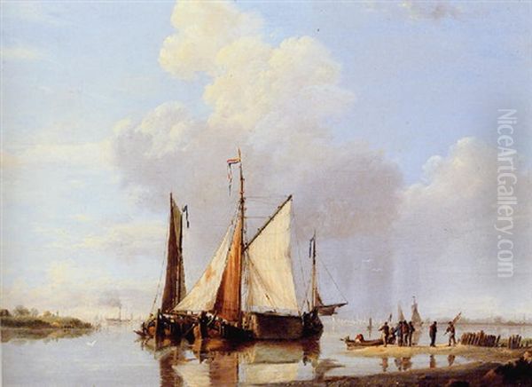 Fisherfolk On The Shore With Shipping Beyond - view 1