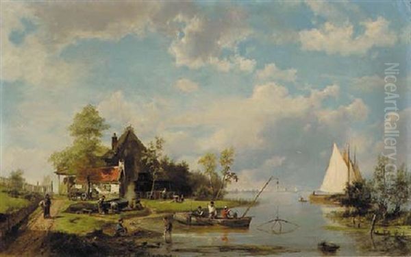 A River Landscape With A Ferry And Figures Mending A Boat - view 1