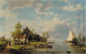 A River Landscape With A Ferry And Figures Mending A Boat