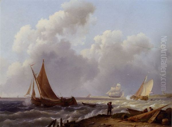 A Zeeuws Beurtschip In A Stiff Breeze, A Frigat In The Distance - view 1