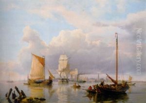 Shipping On The Scheldt With Antwerp In The Background by Hermanus Koekkoek the Elder