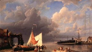 Fisherfolk On The Beach Near Groningen by Hermanus Koekkoek the Elder
