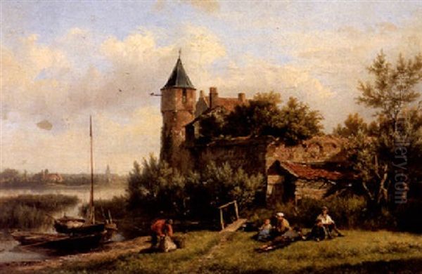 A River Landscape With Figures Resting By A Castle - view 1
