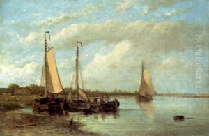 Shipping On A River With A Town In The Distance