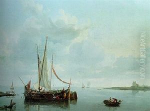 A Calm: A River Landscape With Crewmen Unloading A Ship In The Foreground