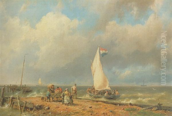 Figures On A Shore With A Fishing Boat Setting Sail - view 1