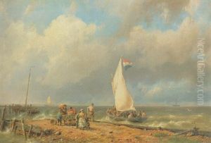 Figures On A Shore With A Fishing Boat Setting Sail by Hermanus Koekkoek the Elder