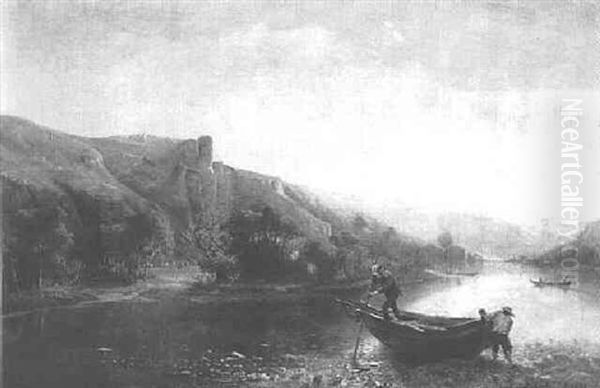 A River Landscape With Figures Mooring A Boat - view 1