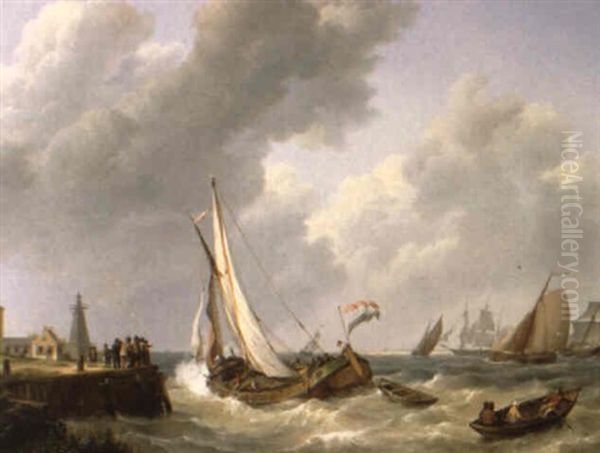 Zeilschepen Op Woelig Water Nabij De Kust - view 1